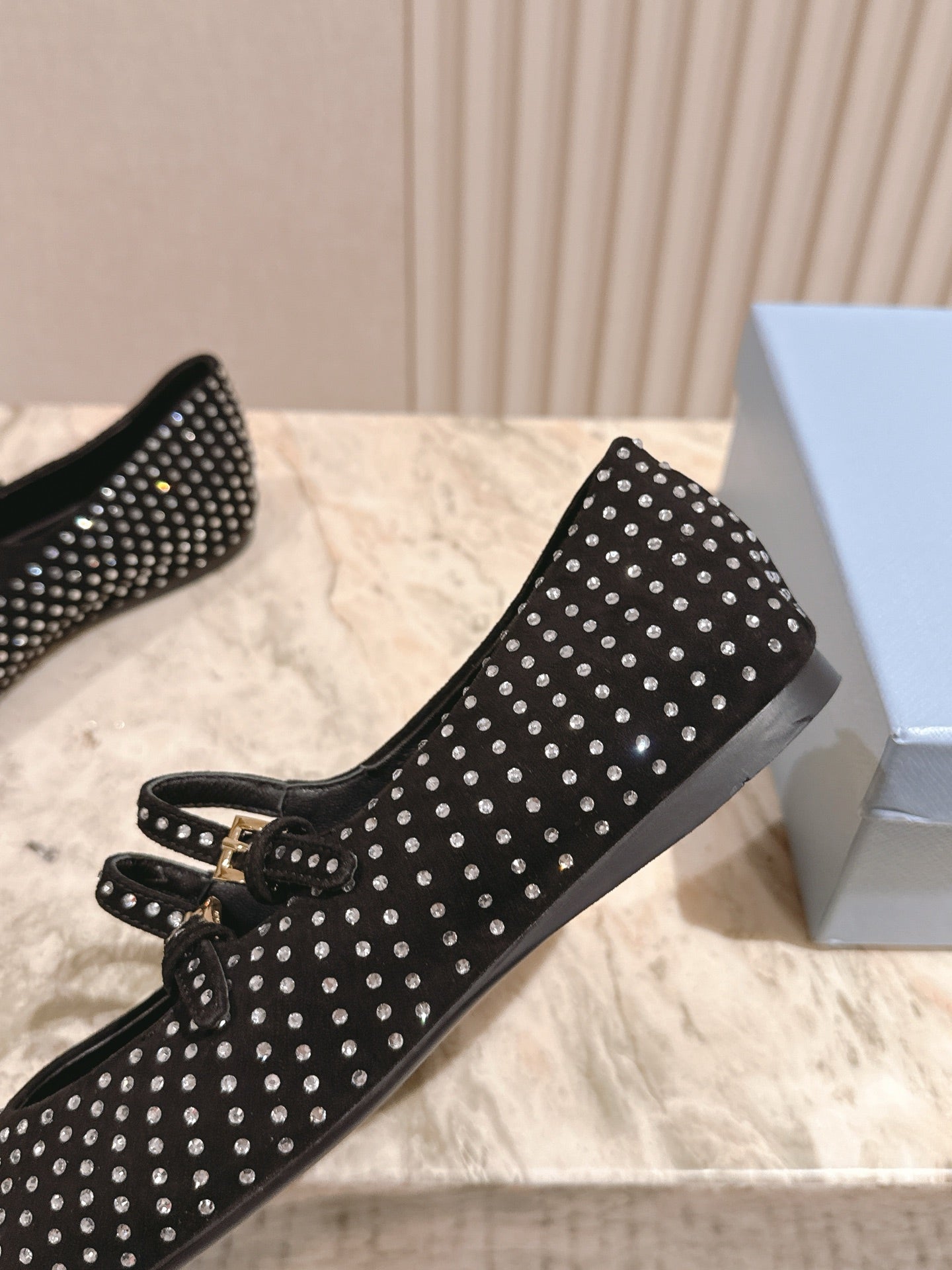 PRADA 25S CRYSTAL EMBELLISHED BALLERINA IN BLACK SUEDE - 35