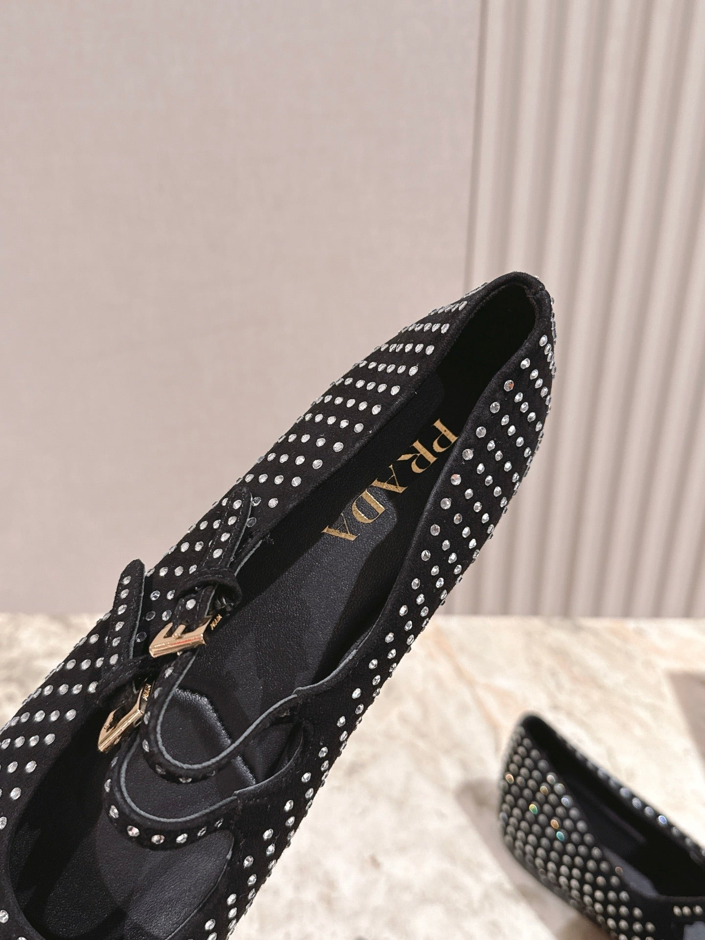 PRADA 25S CRYSTAL EMBELLISHED BALLERINA IN BLACK SUEDE - 35