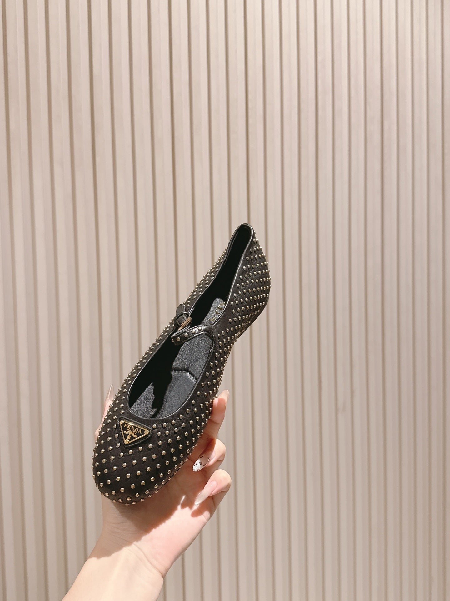PRADA 25S STUD EMBELLISHED BALLERINA IN BLACK CALFSKIN - 35