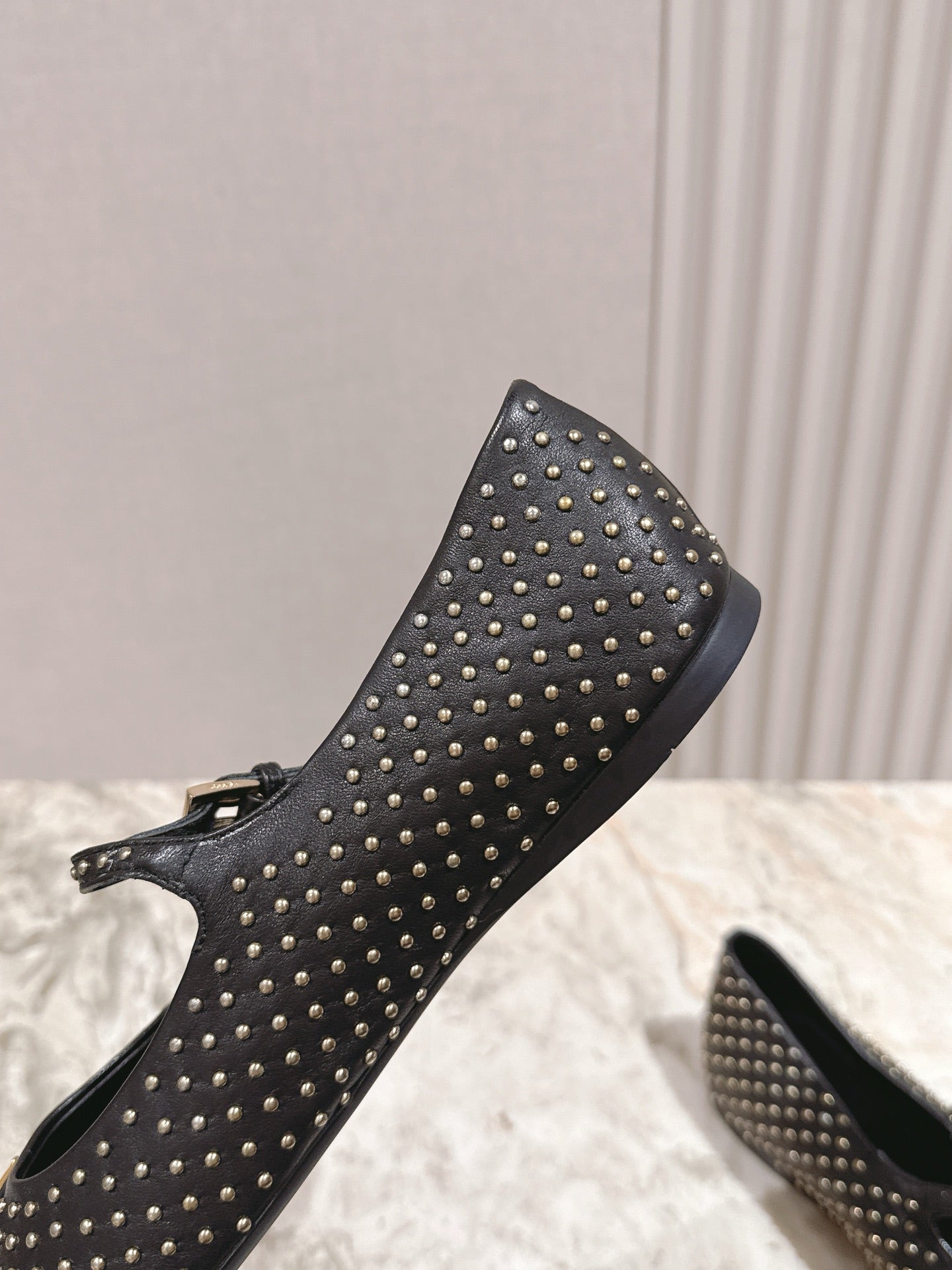 PRADA 25S STUD EMBELLISHED BALLERINA IN BLACK CALFSKIN - 35