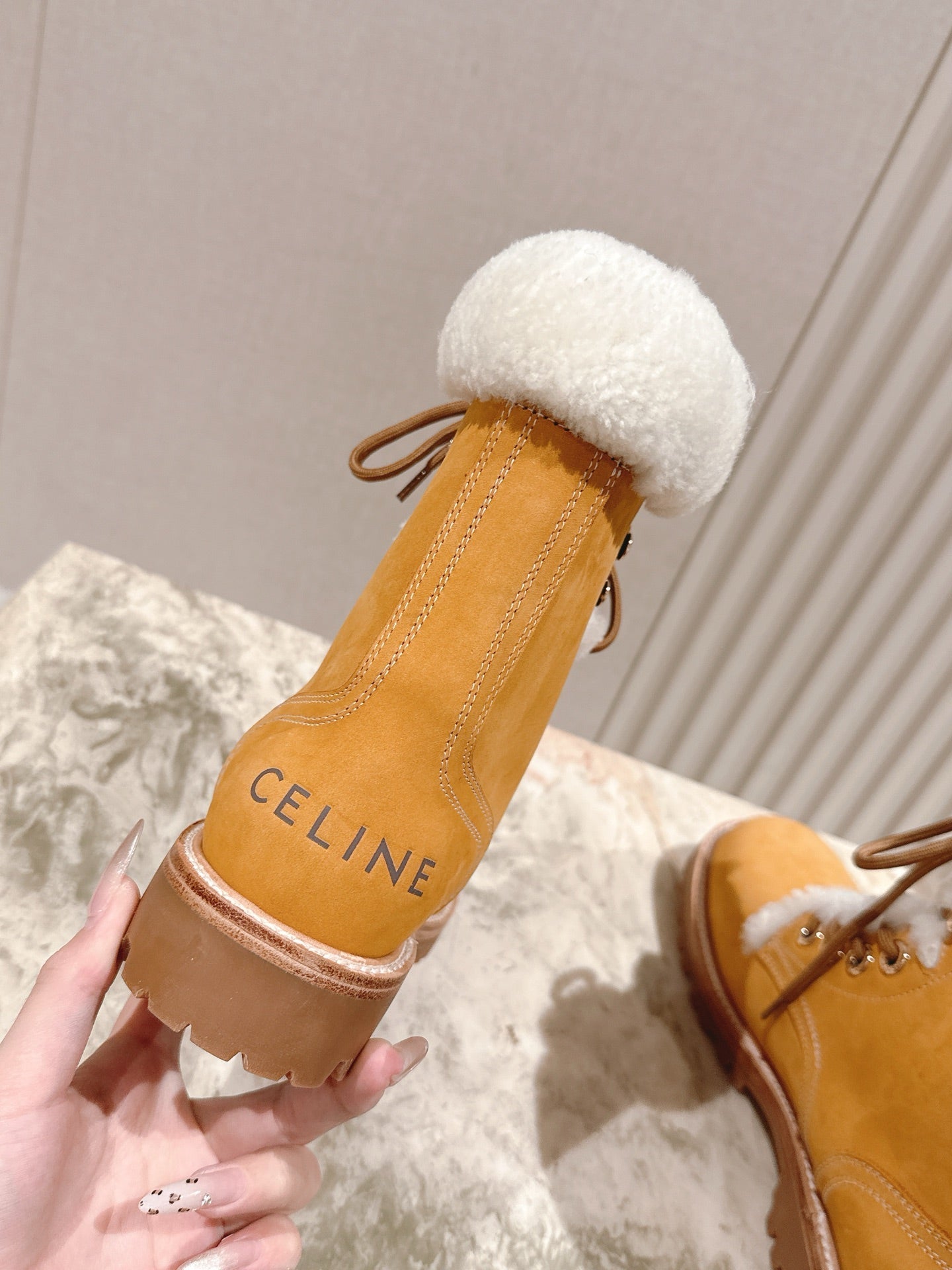 CELINE 25S KURT LACE UP MID BOOT IN MEDIUM ORANGE SUEDE AND SHEARLING - 35