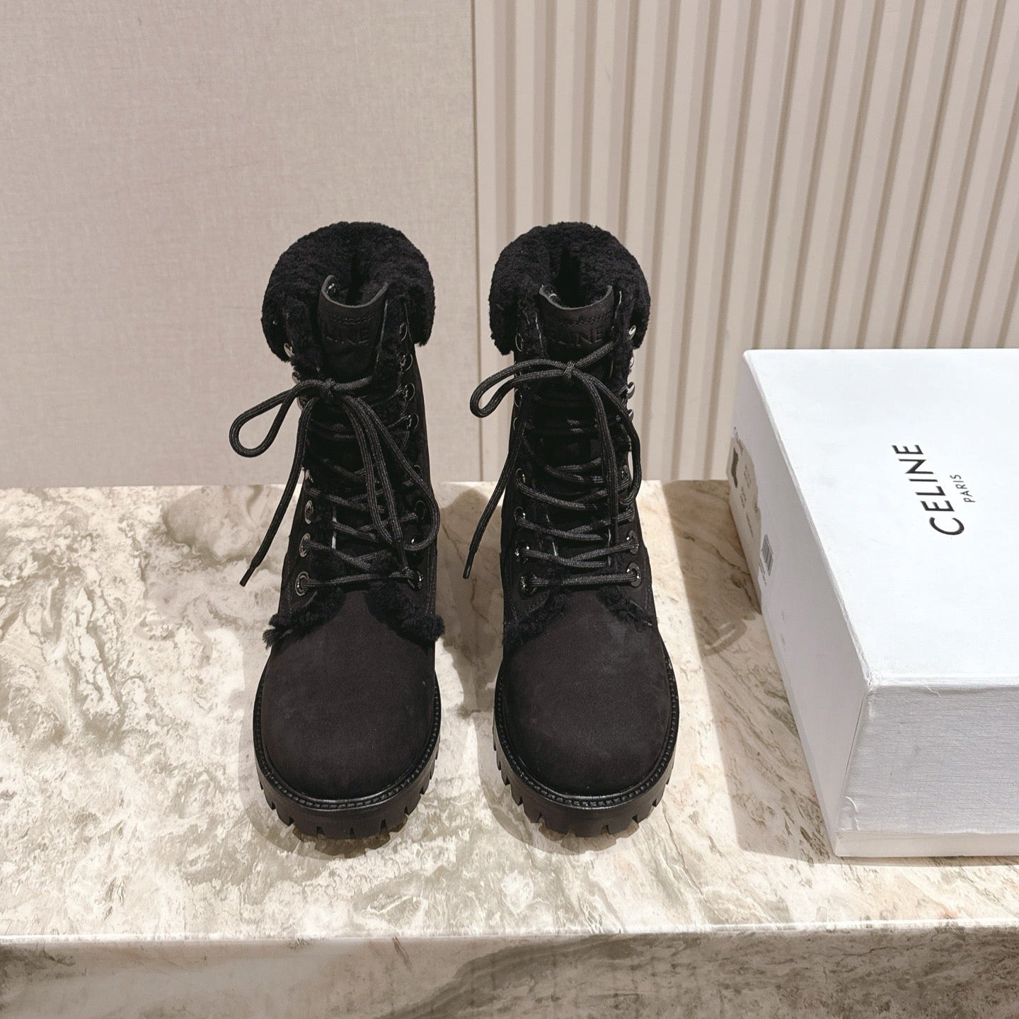 CELINE 25S KURT LACE UP MID BOOT IN BLACK FULL SUEDE AND SHEARLING - 35