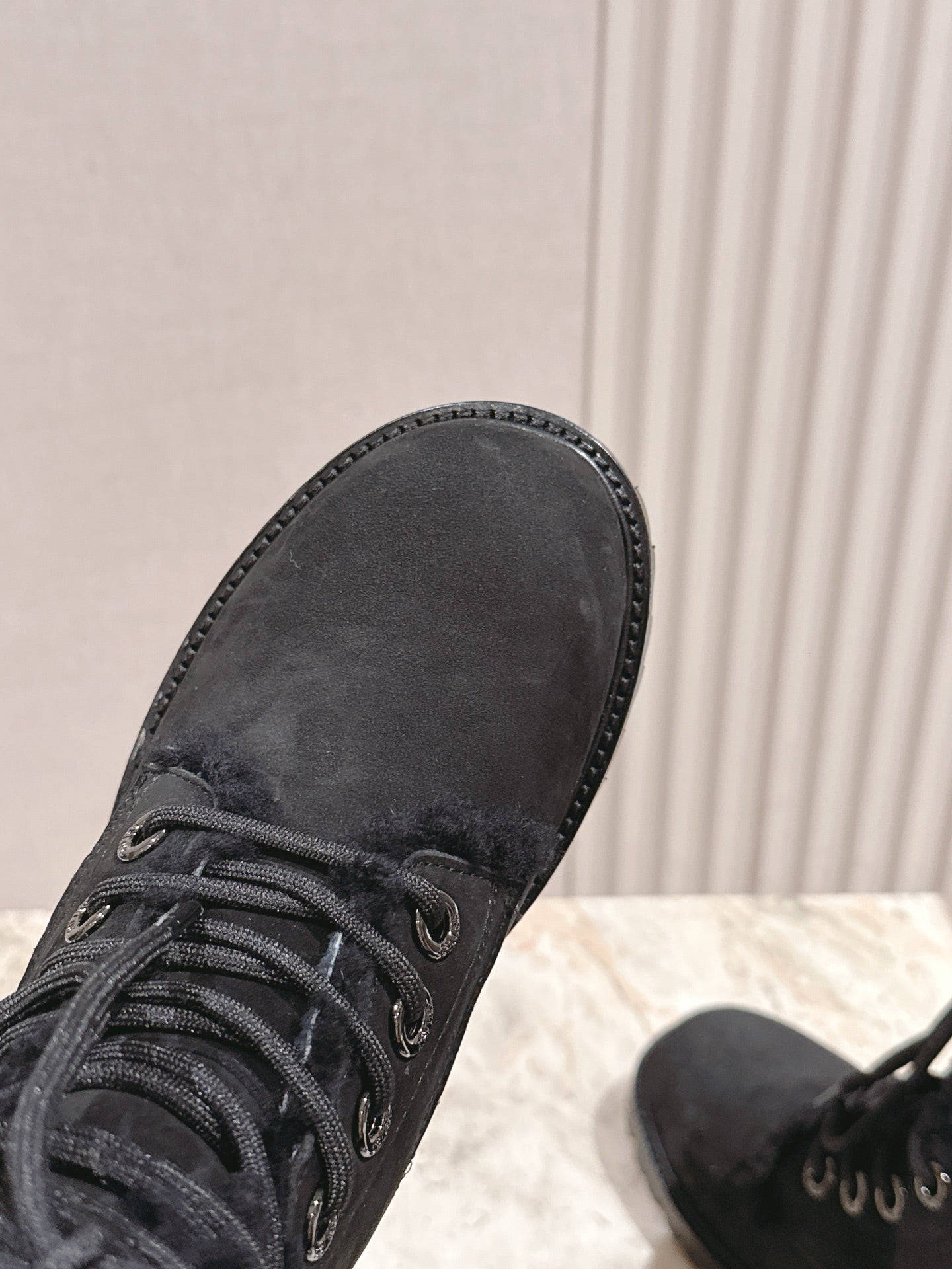 CELINE 25S KURT LACE UP MID BOOT IN BLACK FULL SUEDE AND SHEARLING - 35