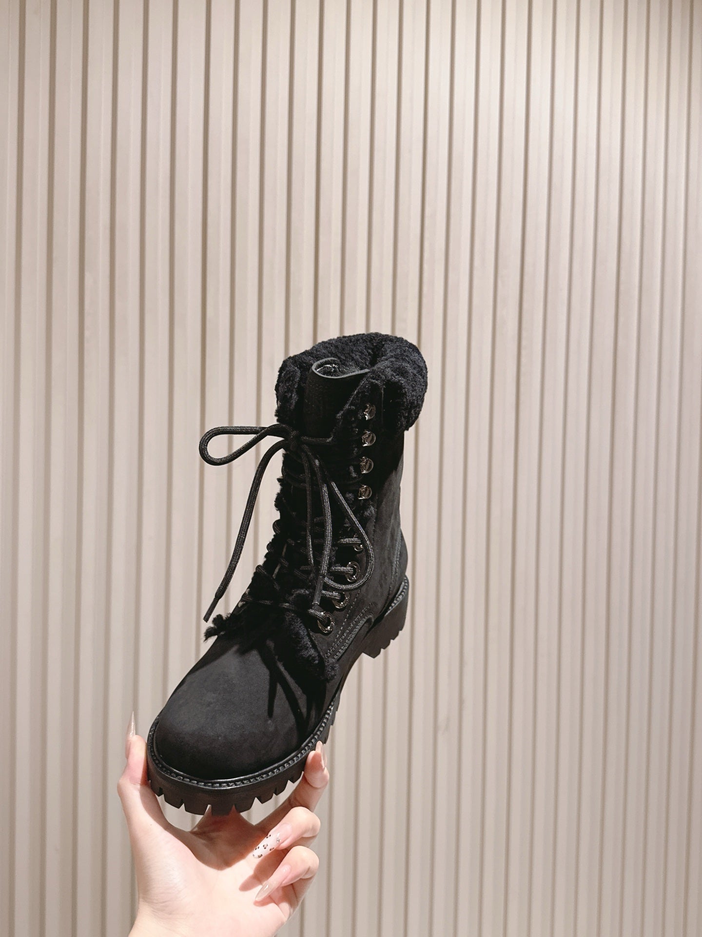 CELINE 25S KURT LACE UP MID BOOT IN BLACK FULL SUEDE AND SHEARLING - 35