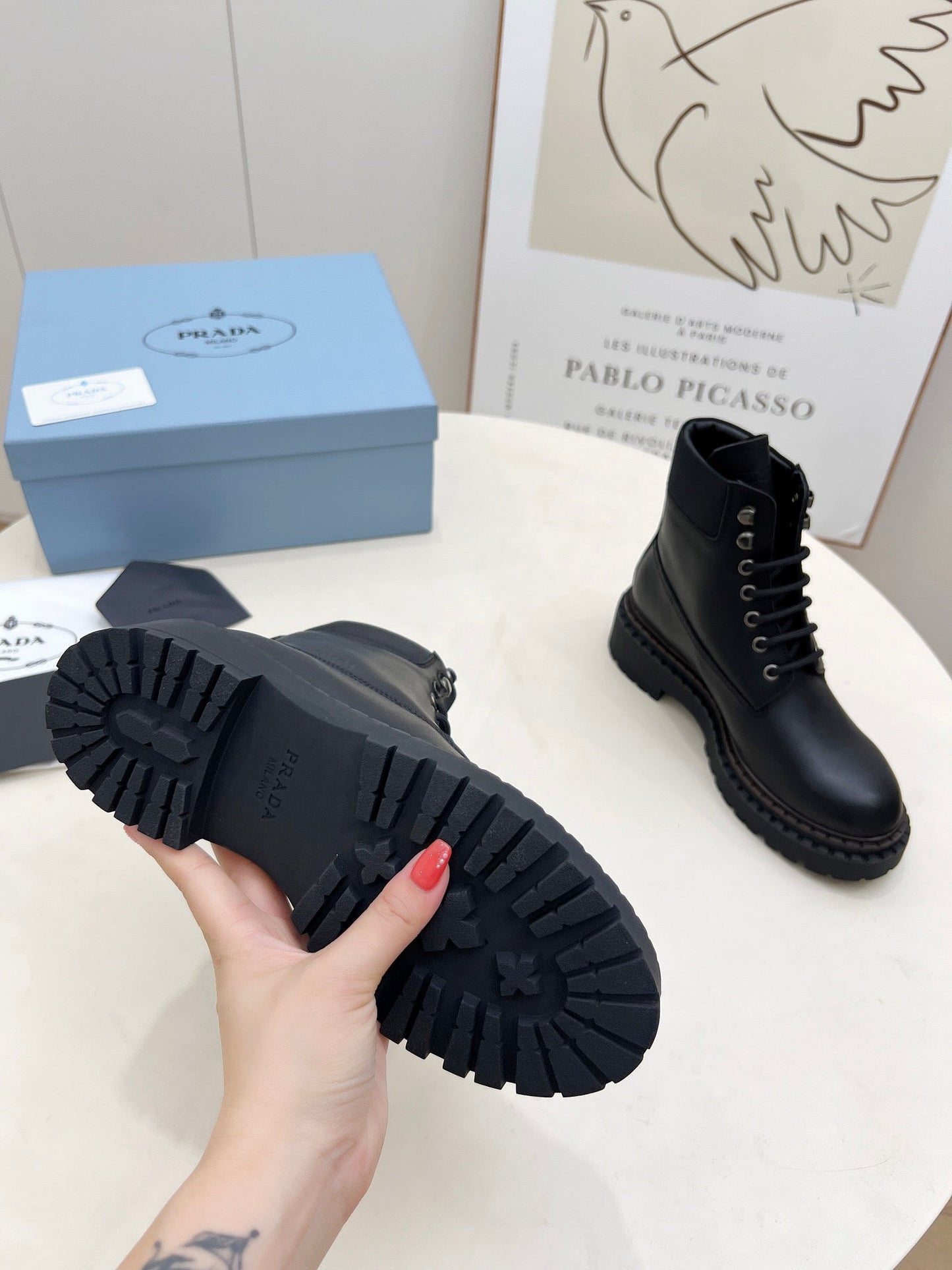 PRADA 25S LACE UP BOOTS BLACK CALFSKIN - 35