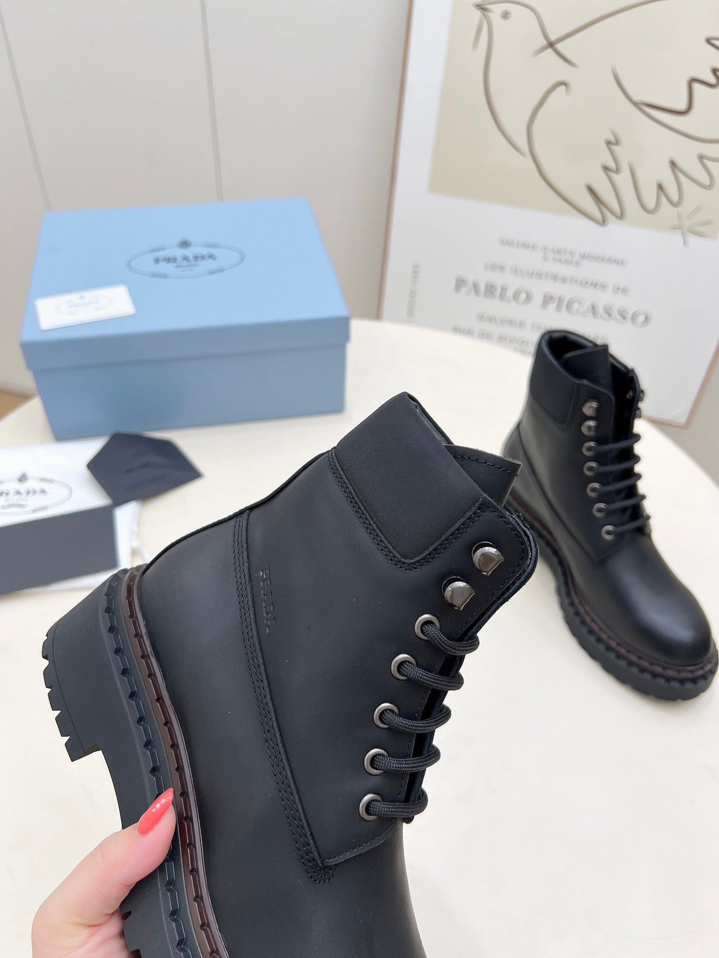 PRADA 25S LACE UP BOOTS BLACK CALFSKIN - 35
