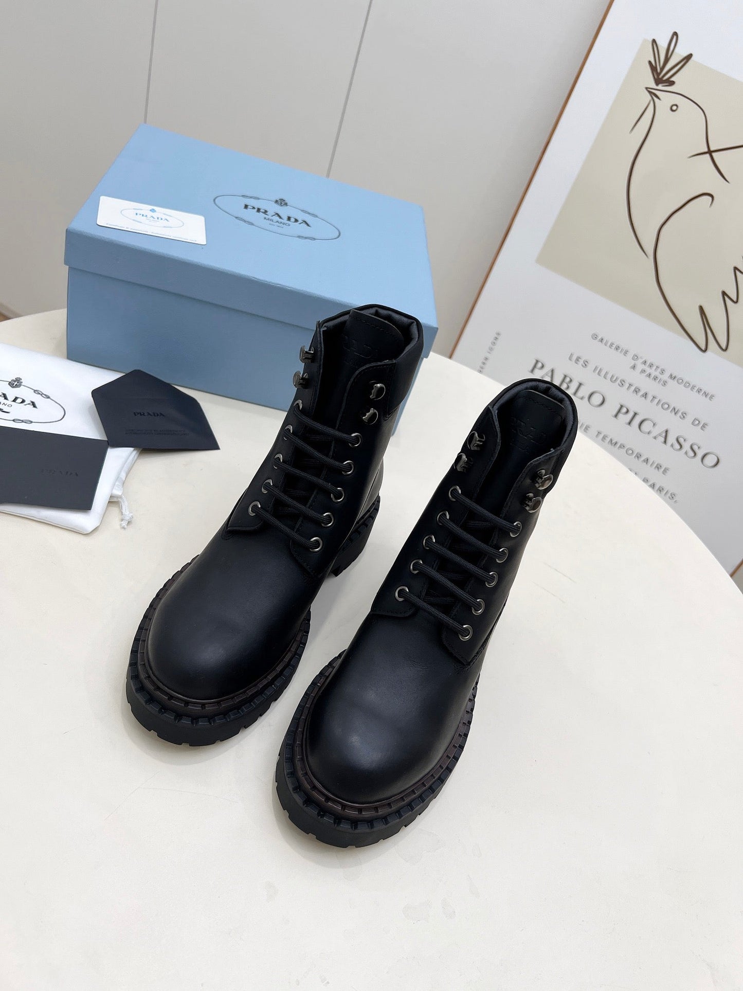 PRADA 25S LACE UP BOOTS BLACK CALFSKIN - 35