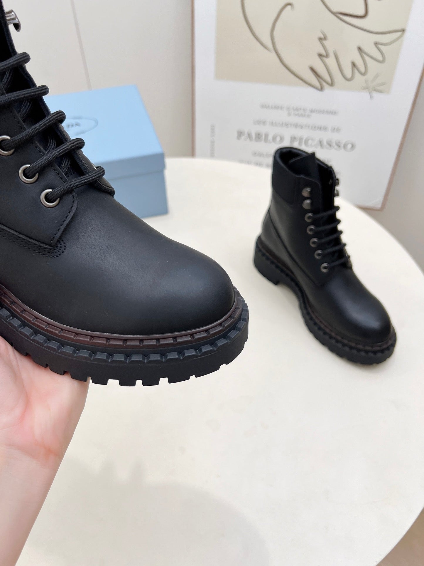 PRADA 25S LACE UP BOOTS BLACK CALFSKIN - 35