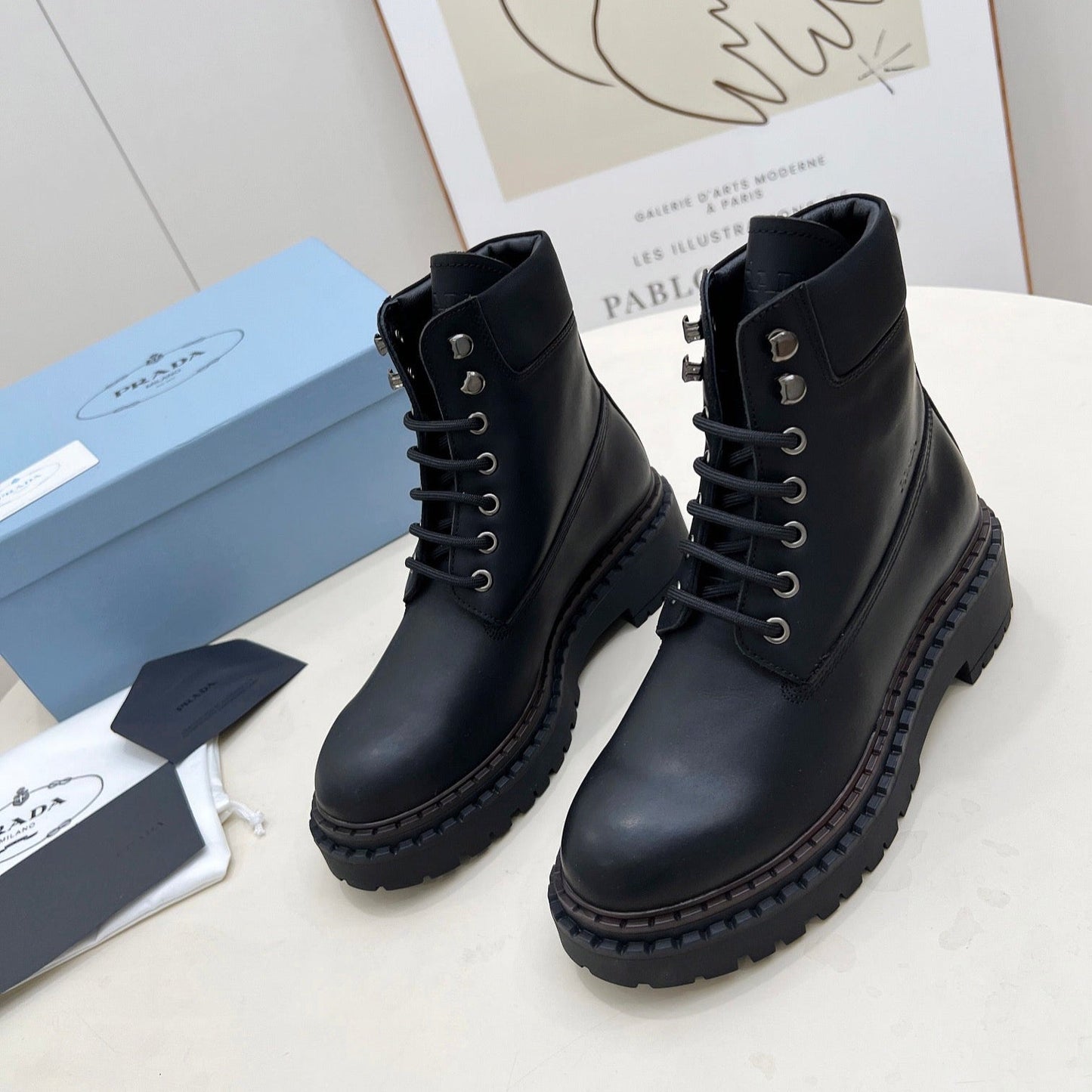 PRADA 25S LACE UP BOOTS BLACK CALFSKIN - 35