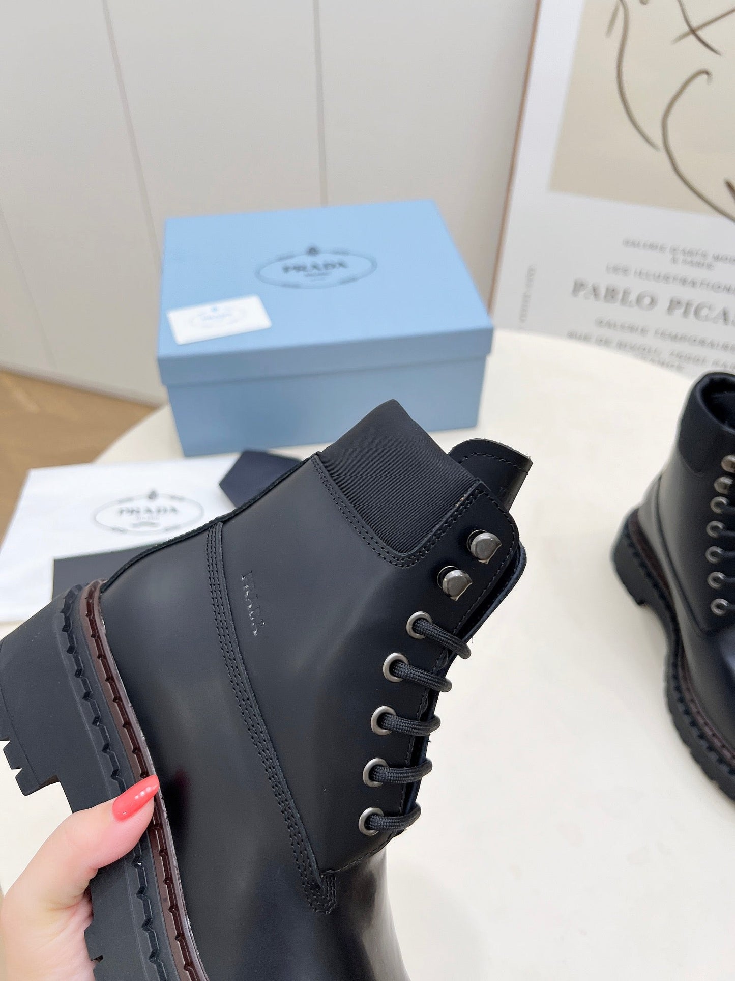 PRADA 25S LACE UP BOOTS BLACK GLOSSY CALFSKIN - 35