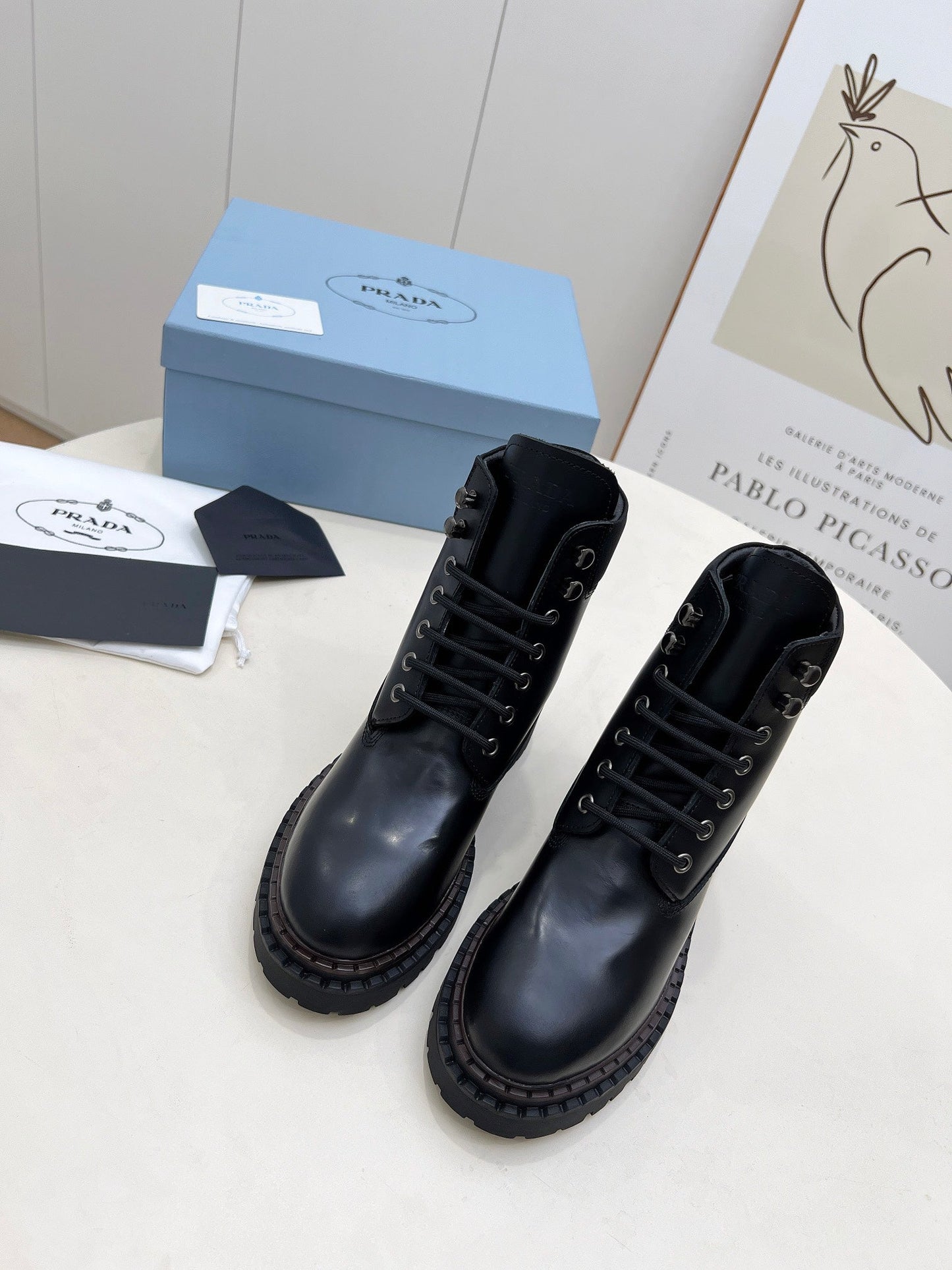 PRADA 25S LACE UP BOOTS BLACK GLOSSY CALFSKIN - 35