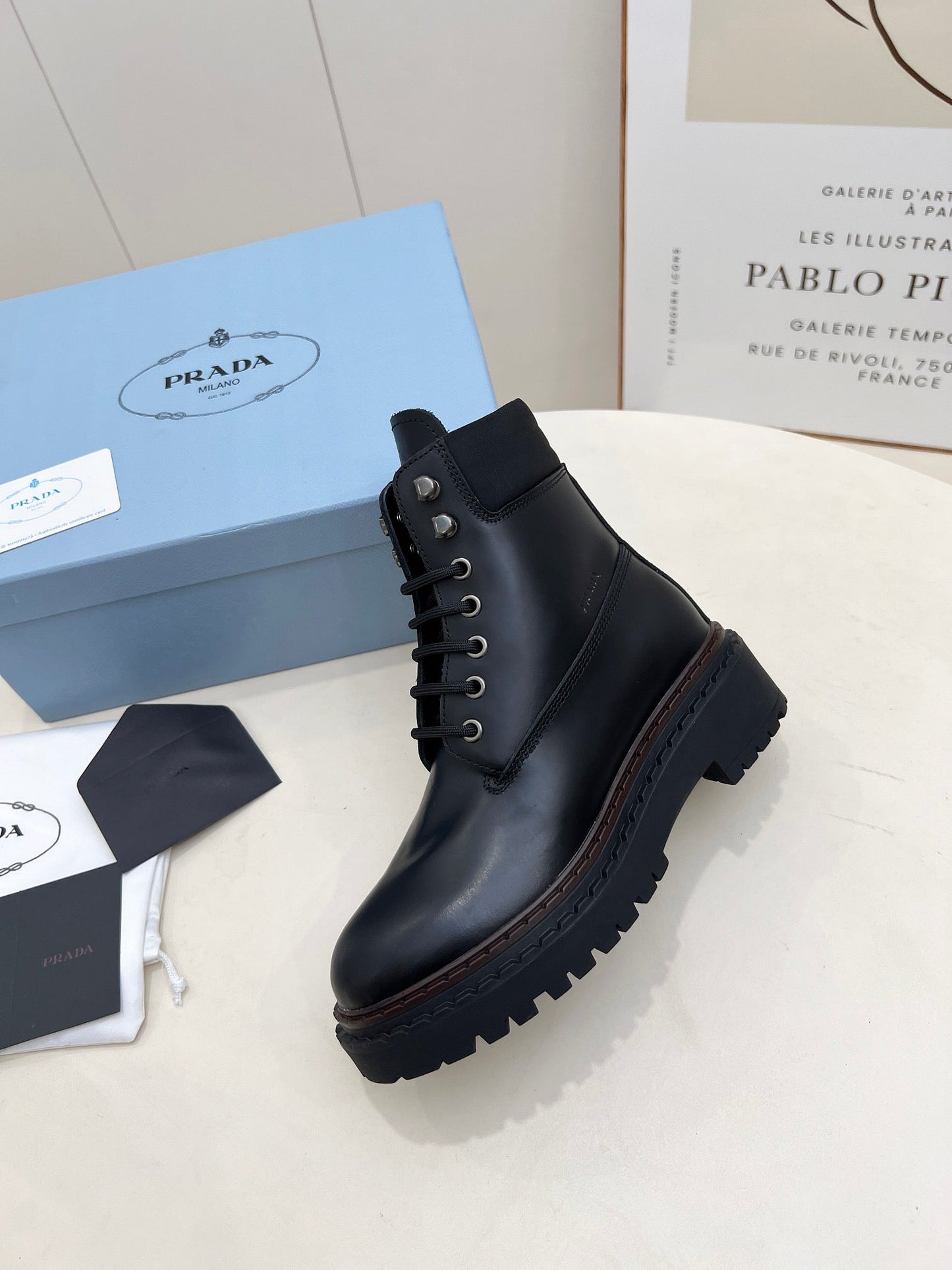 PRADA 25S LACE UP BOOTS BLACK GLOSSY CALFSKIN - 35