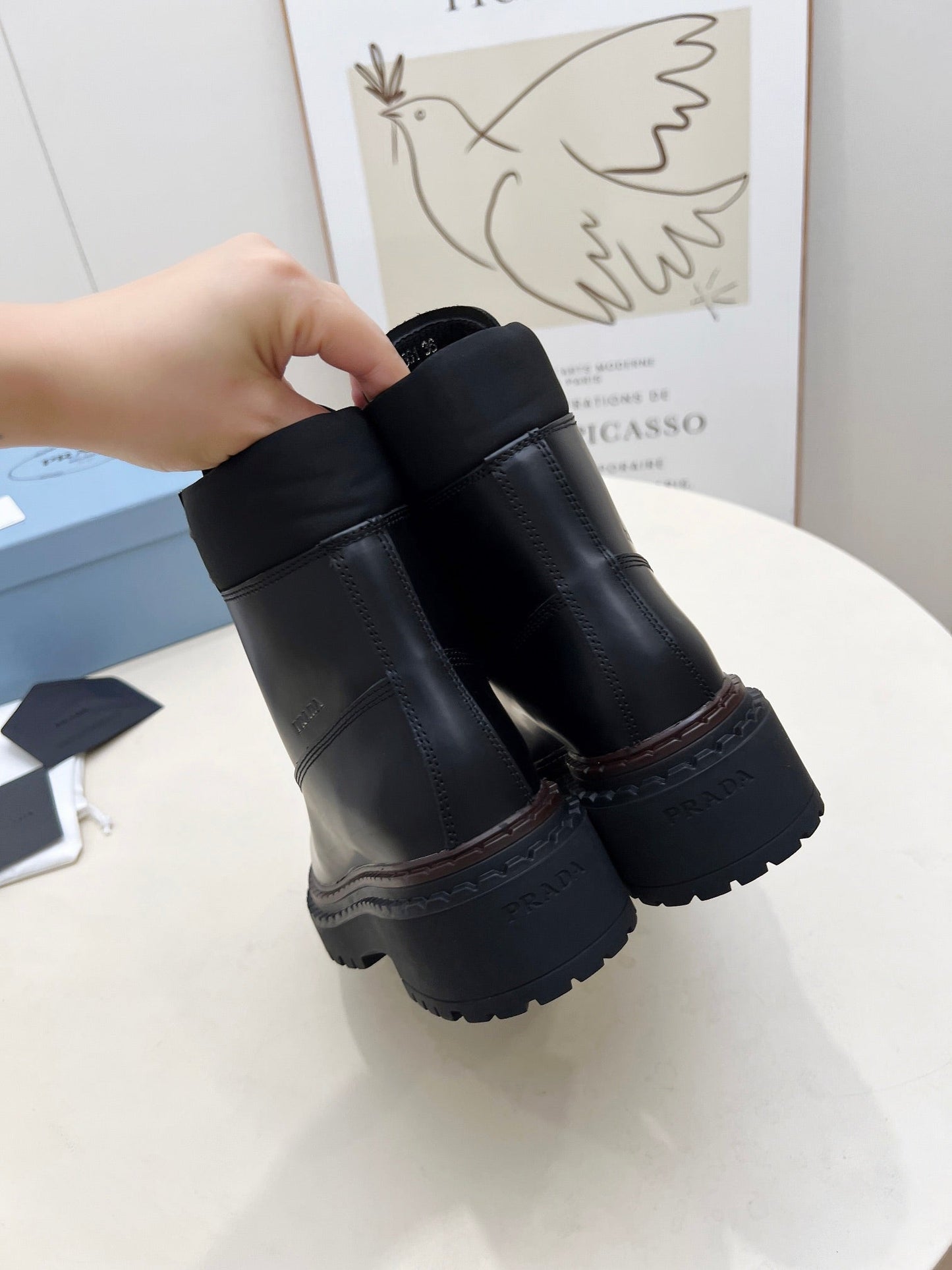 PRADA 25S LACE UP BOOTS BLACK GLOSSY CALFSKIN - 35