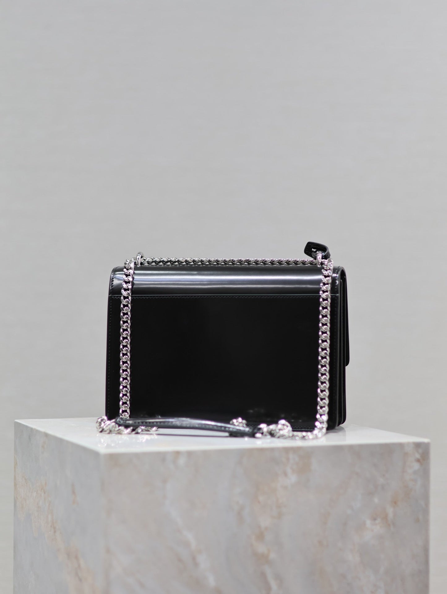 YSL 25S SUNSET MEDIUM 22 IN BLACK SHINY CALFSKIN SILVER HARDWARE