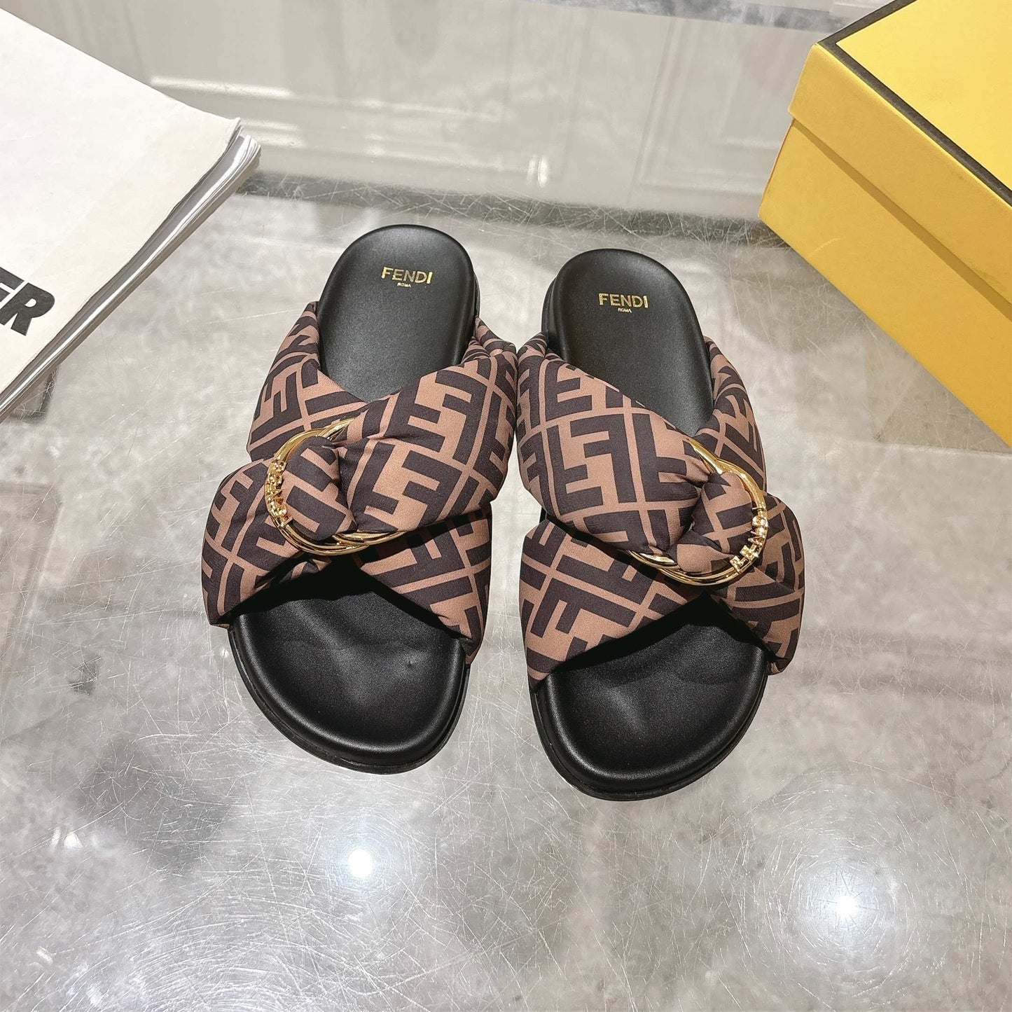FF KNOT SLIDE SANDALS IN BROWN FABRIC - 35
