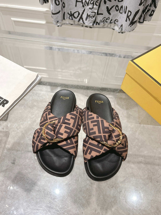 FF KNOT SLIDE SANDALS IN BROWN FABRIC - 35