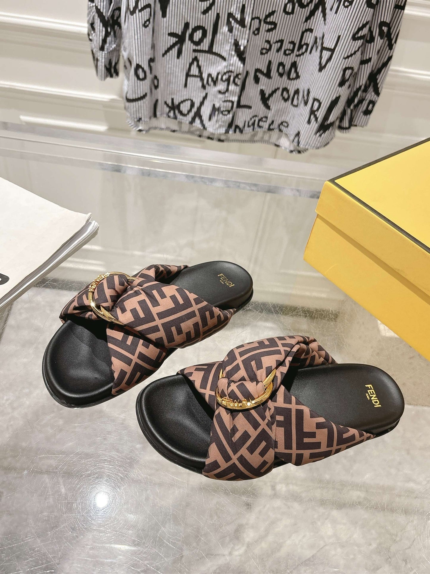 FF KNOT SLIDE SANDALS IN BROWN FABRIC - 35