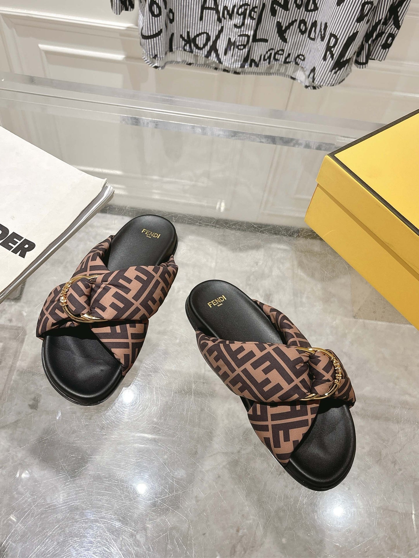 FF KNOT SLIDE SANDALS IN BROWN FABRIC - 35