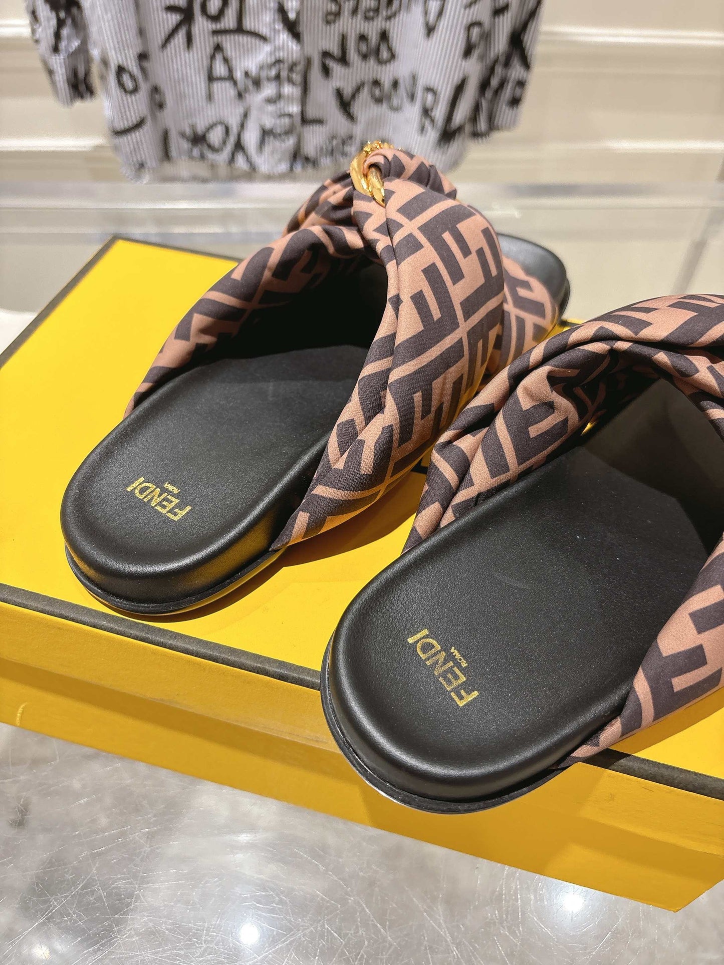 FF KNOT SLIDE SANDALS IN BROWN FABRIC - 35