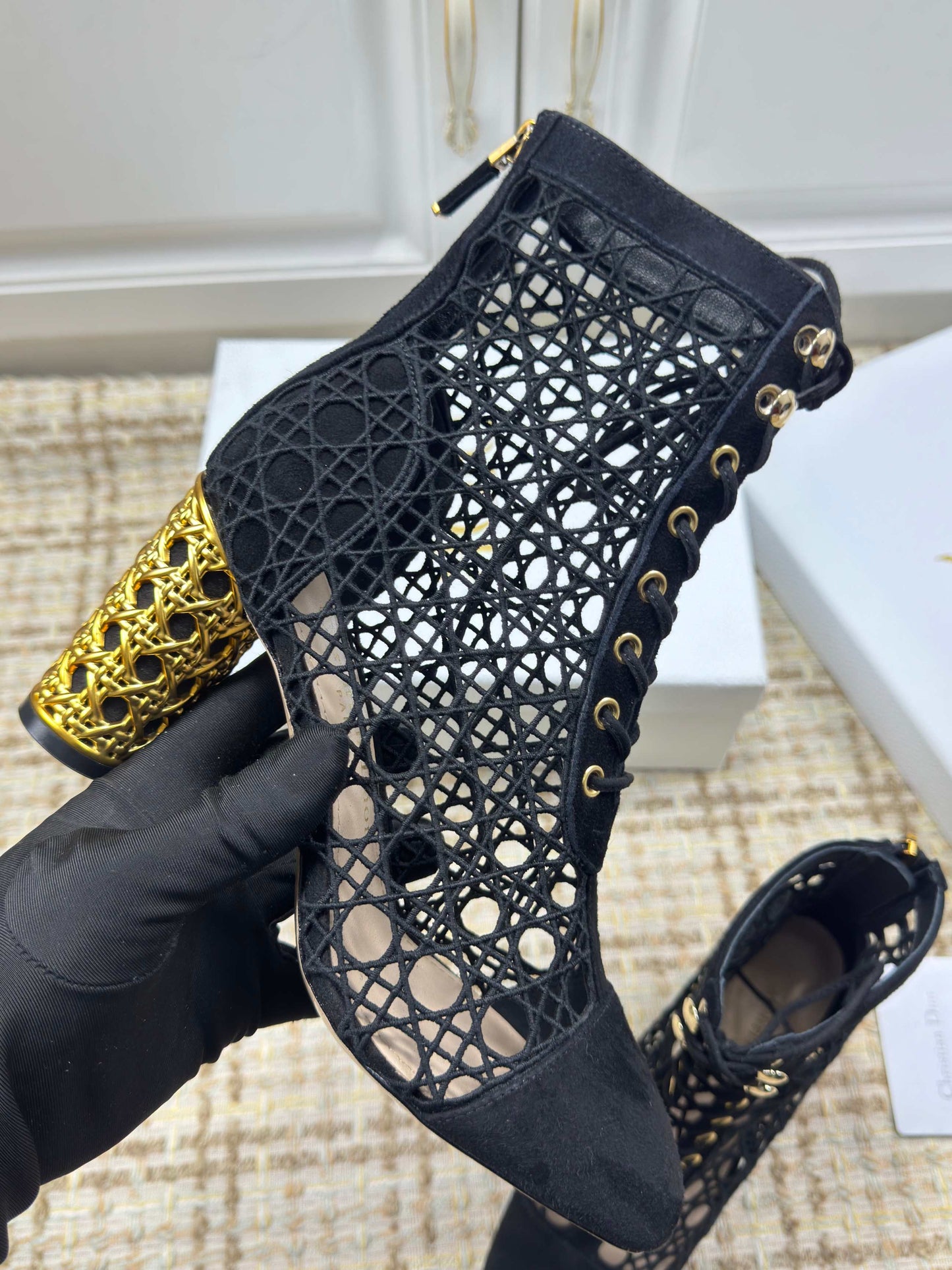 DIOR 26S LACE UP ANKLE BOOTS 80MM IN BLACK OPENWORK LACE SUEDE GOLD HEEL