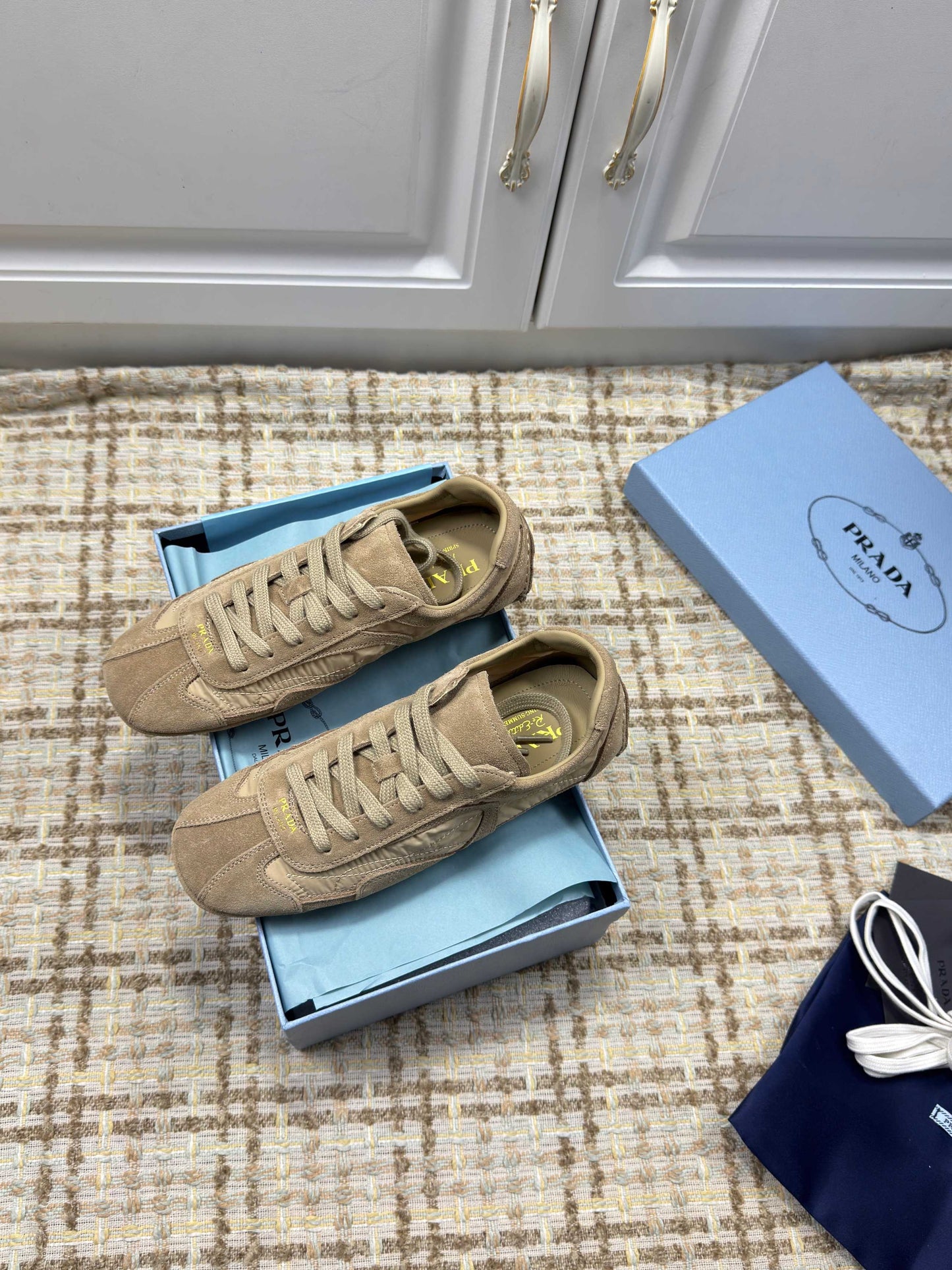 PRADA 26S LOW TOP SNEAKERS IN OLIVE BROWN NYLON AND SUEDE