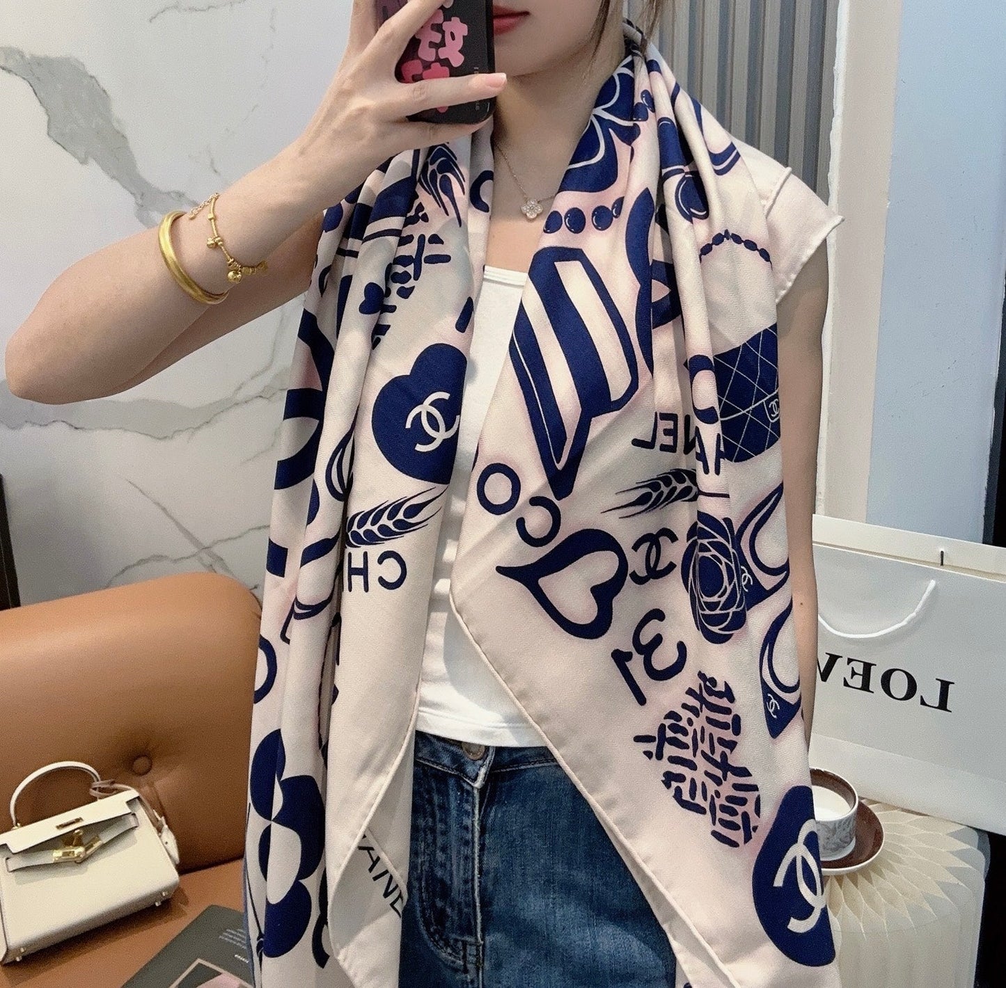 CHANEL 25S SCARF 140 IN SILK AND CASHMERE 881852