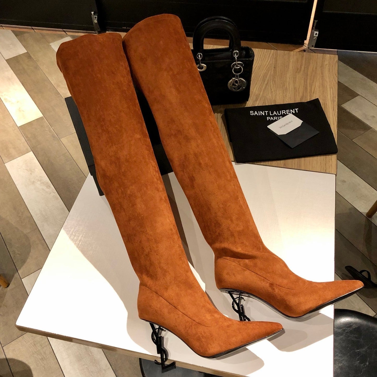 OPYUM THIGH HIGH BOOTS IN BRONZE BROWN VELVET - 35