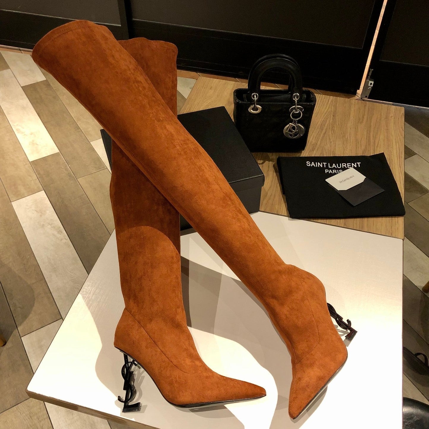 OPYUM THIGH HIGH BOOTS IN BRONZE BROWN VELVET - 35