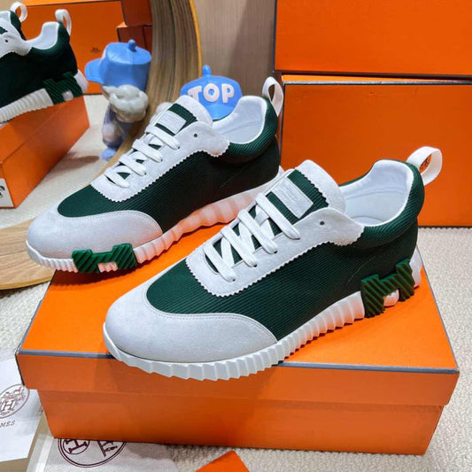 BOUNCING SNEAKER IN PALE GRAY SUEDE AND GREEN FOREST KNIT - 34