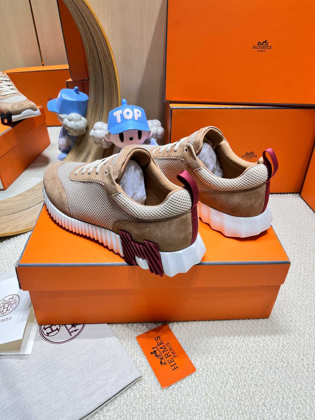 BOUNCING SNEAKER IN PEANUT BROWN SUEDE AND WHITE KNIT - 34