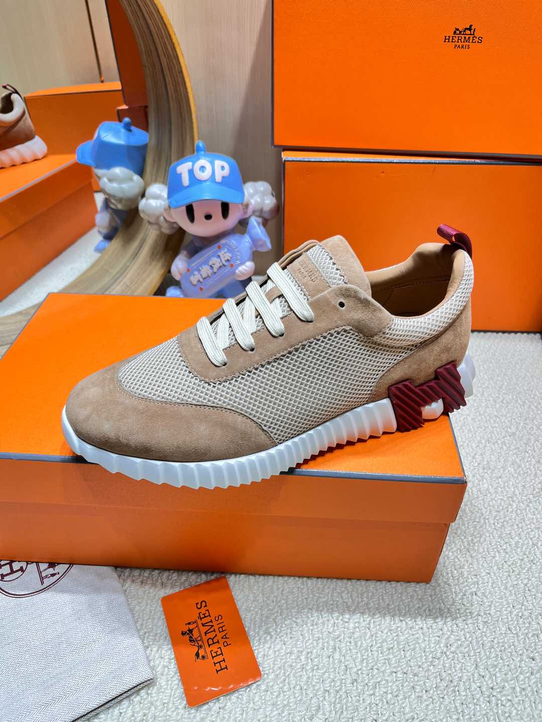 BOUNCING SNEAKER IN PEANUT BROWN SUEDE AND WHITE KNIT - 34