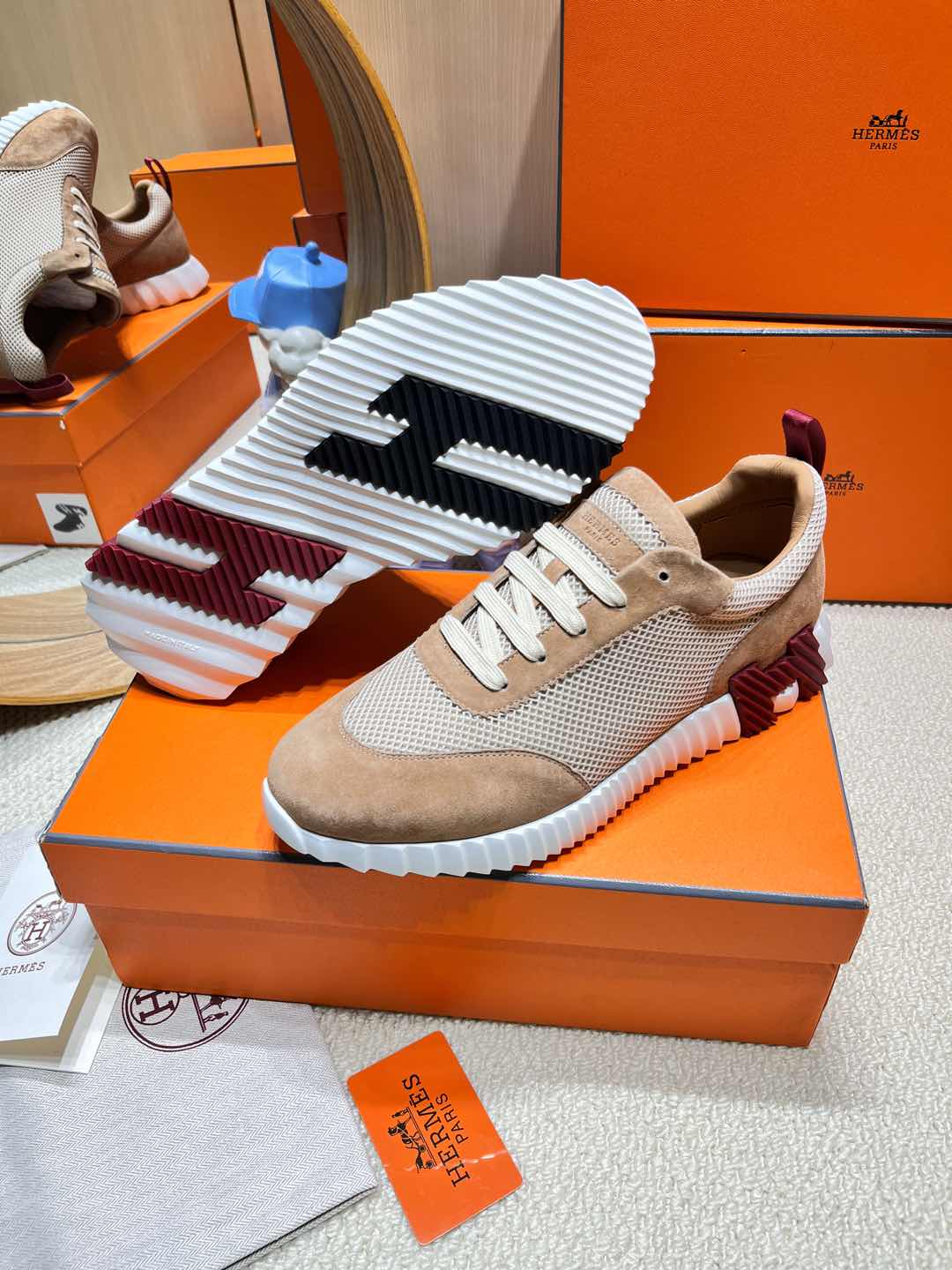 BOUNCING SNEAKER IN PEANUT BROWN SUEDE AND WHITE KNIT - 34