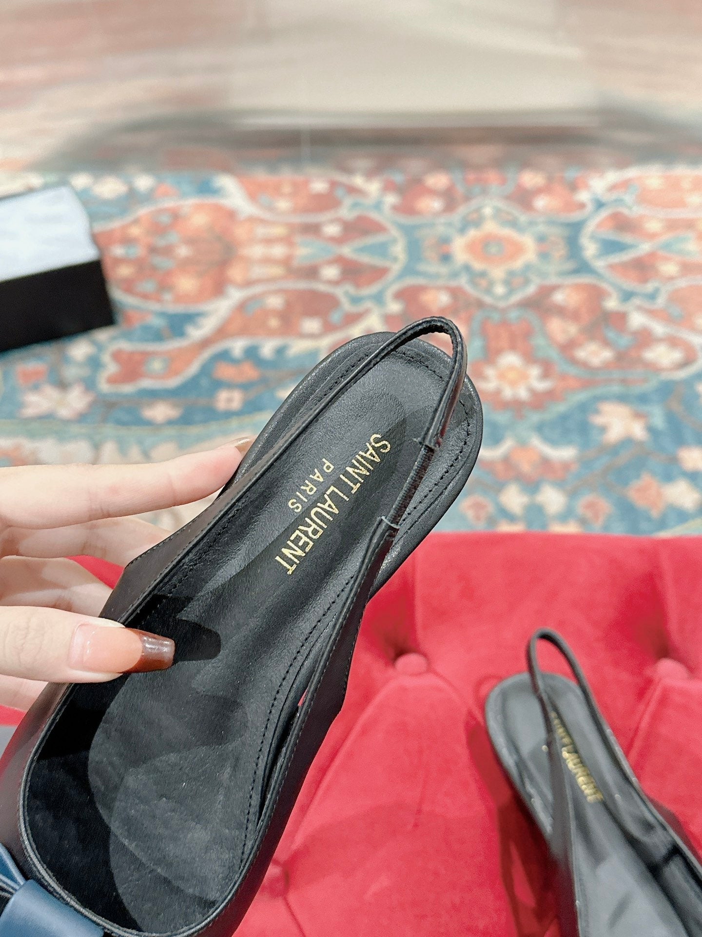 CASSANDRA SLINGBACK FLAT IN BLACK MIX BLUE SMOOTH LAMBSKIN - 35