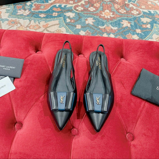 CASSANDRA SLINGBACK FLAT IN BLACK MIX BLUE SMOOTH LAMBSKIN - 35