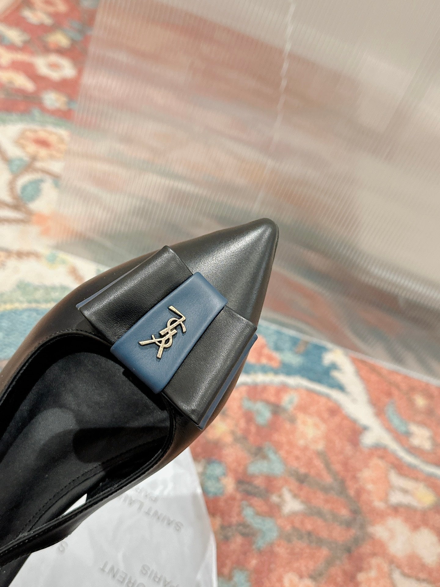CASSANDRA SLINGBACK FLAT IN BLACK MIX BLUE SMOOTH LAMBSKIN - 35