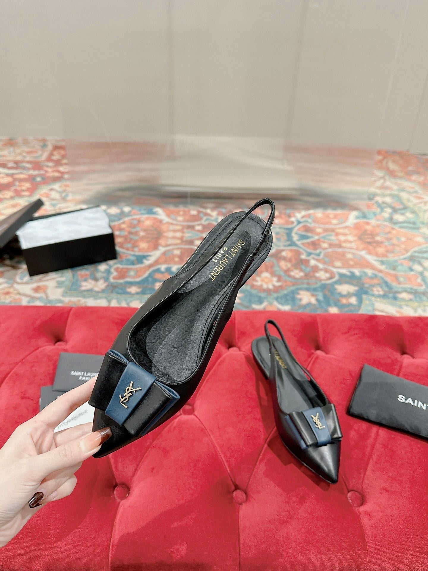 CASSANDRA SLINGBACK FLAT IN BLACK MIX BLUE SMOOTH LAMBSKIN - 35