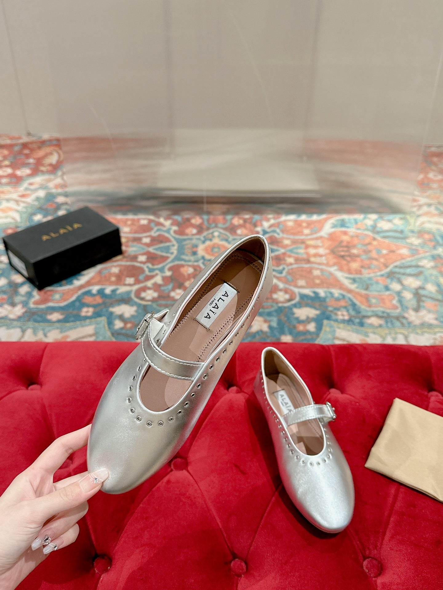 ALAIA MARY JANE IN SILVER LAMBSKIN WITH SILVER HARDWARE - 35
