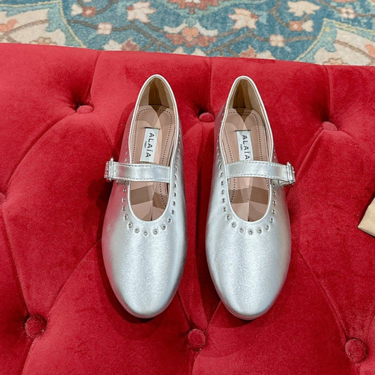 ALAIA MARY JANE IN SILVER LAMBSKIN WITH SILVER HARDWARE - 35