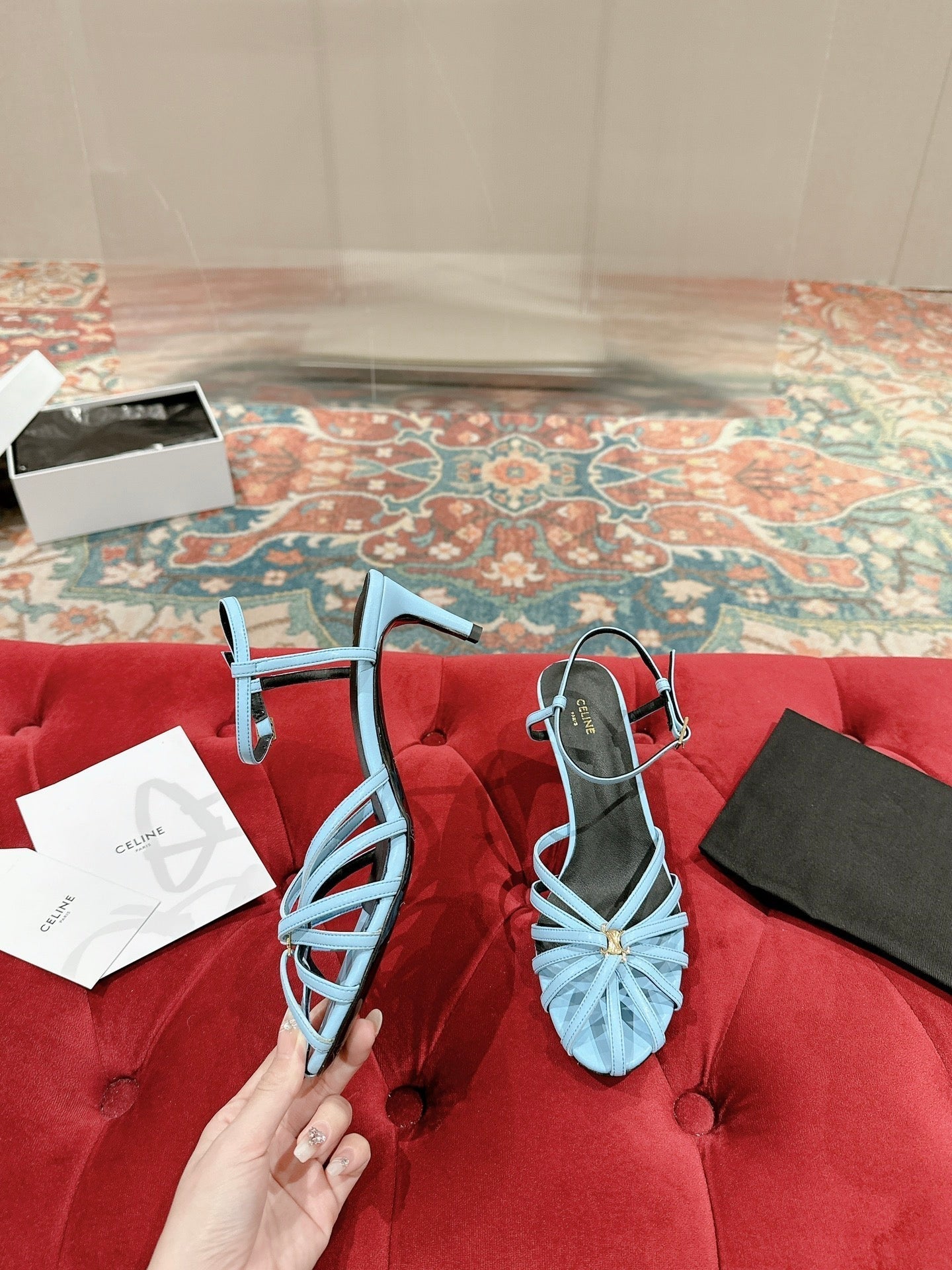 TRIOMPHE SANDAL 85 MM IN POWDER BLUE LAMBSKIN - 35