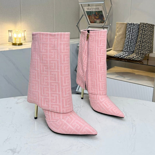 Чоботи BALMAIN 26S MONOGRAM 105 ММ З ЖАККАРДОВОГО ПОЛОТНА СВІТЛО-РОЖЕВОГО КОЛЬОРУ