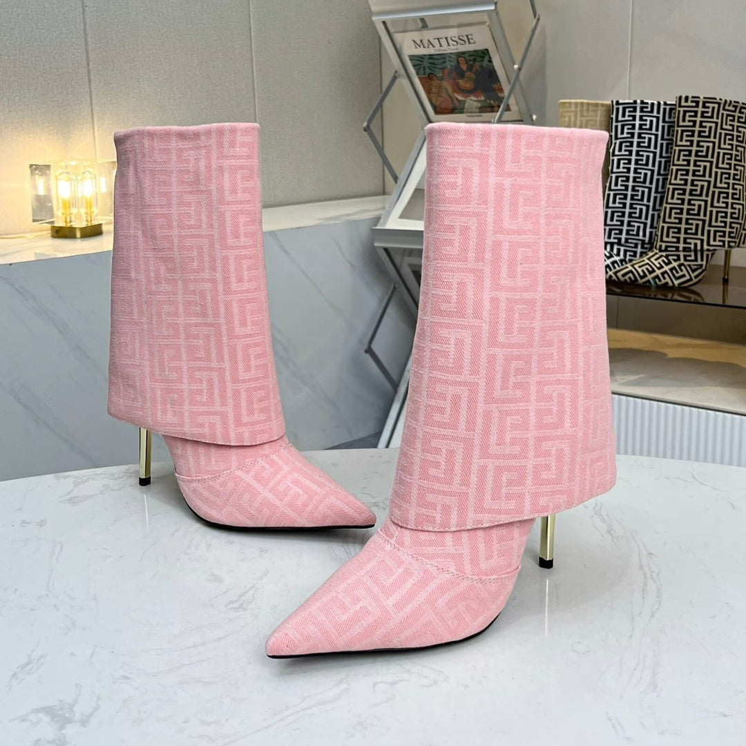 Чоботи BALMAIN 26S MONOGRAM 105 ММ З ЖАККАРДОВОГО ПОЛОТНА СВІТЛО-РОЖЕВОГО КОЛЬОРУ