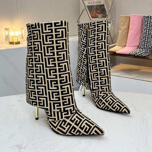 Черевики BALMAIN 26S MONOGRAM 105 MM З ЖАККАРДОВОГО ПОЛОТНА ЧОРНОГО ТА БЕЖЕВОГО КОЛЬОРІВ