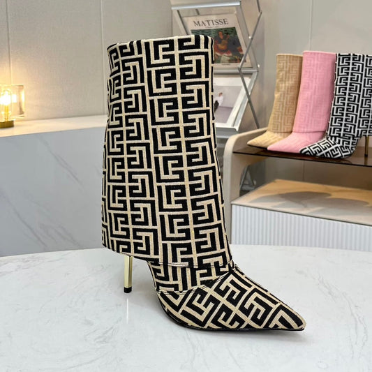 Черевики BALMAIN 26S MONOGRAM 105 MM З ЖАККАРДОВОГО ПОЛОТНА ЧОРНОГО ТА БЕЖЕВОГО КОЛЬОРІВ