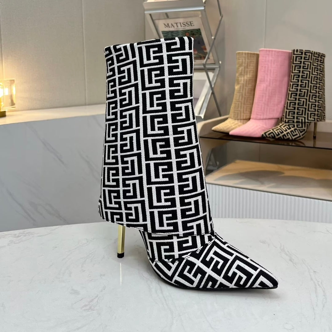 ЧЕРЕВИКИ BALMAIN 26S MONOGRAM НА ПІДБОРАХ 105 ММ З ЧОРНО-БІЛОГО ЖАКАРДОВОГО ПОЛОТНА
