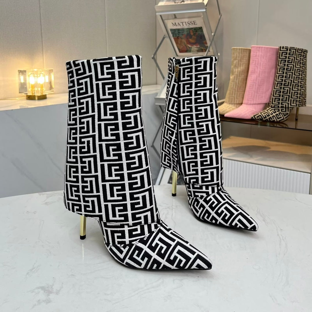 ЧЕРЕВИКИ BALMAIN 26S MONOGRAM НА ПІДБОРАХ 105 ММ З ЧОРНО-БІЛОГО ЖАКАРДОВОГО ПОЛОТНА