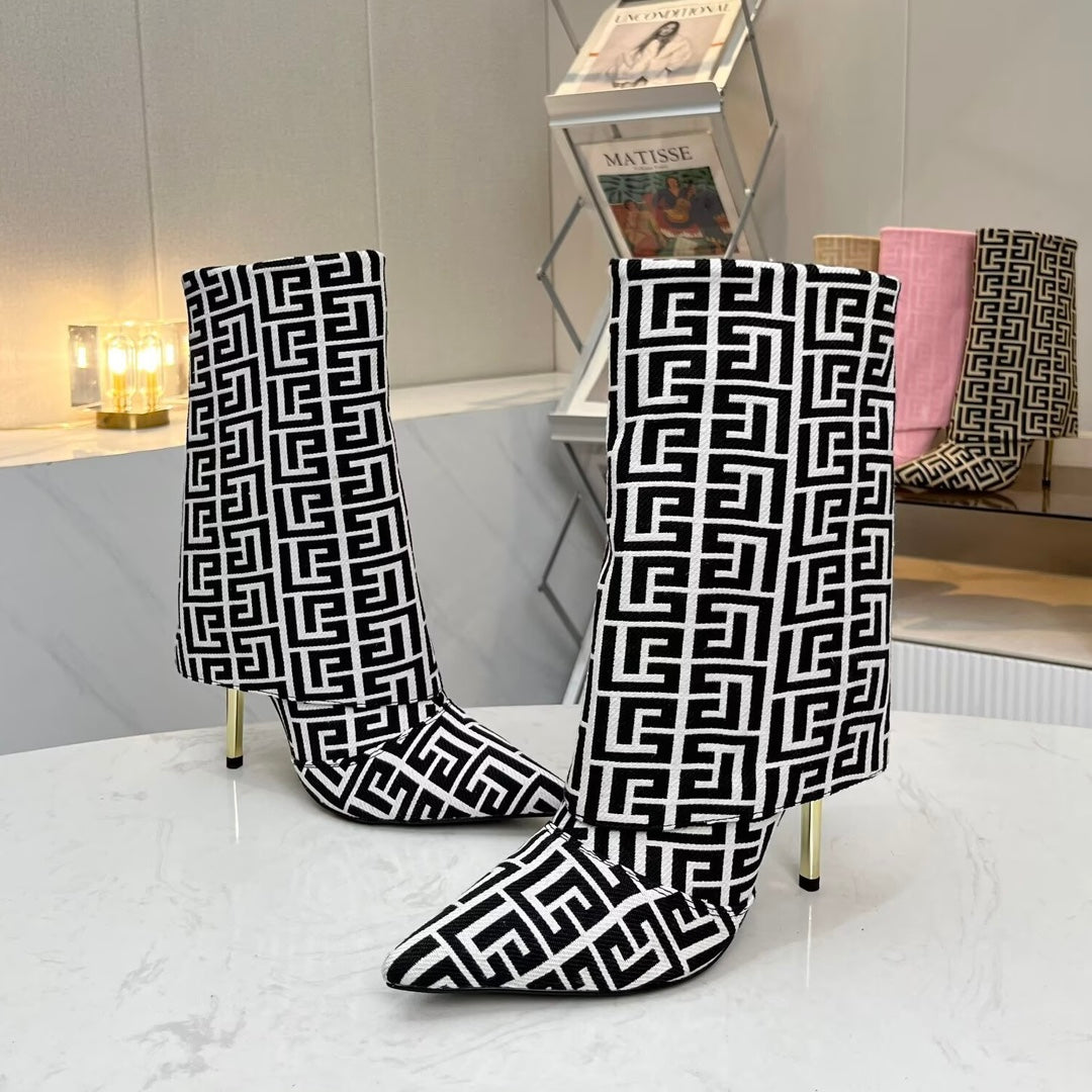 ЧЕРЕВИКИ BALMAIN 26S MONOGRAM НА ПІДБОРАХ 105 ММ З ЧОРНО-БІЛОГО ЖАКАРДОВОГО ПОЛОТНА