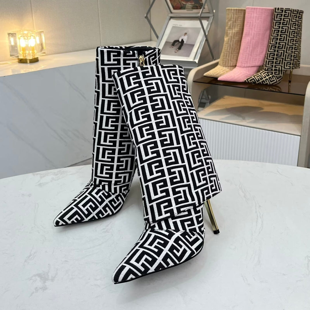 ЧЕРЕВИКИ BALMAIN 26S MONOGRAM НА ПІДБОРАХ 105 ММ З ЧОРНО-БІЛОГО ЖАКАРДОВОГО ПОЛОТНА
