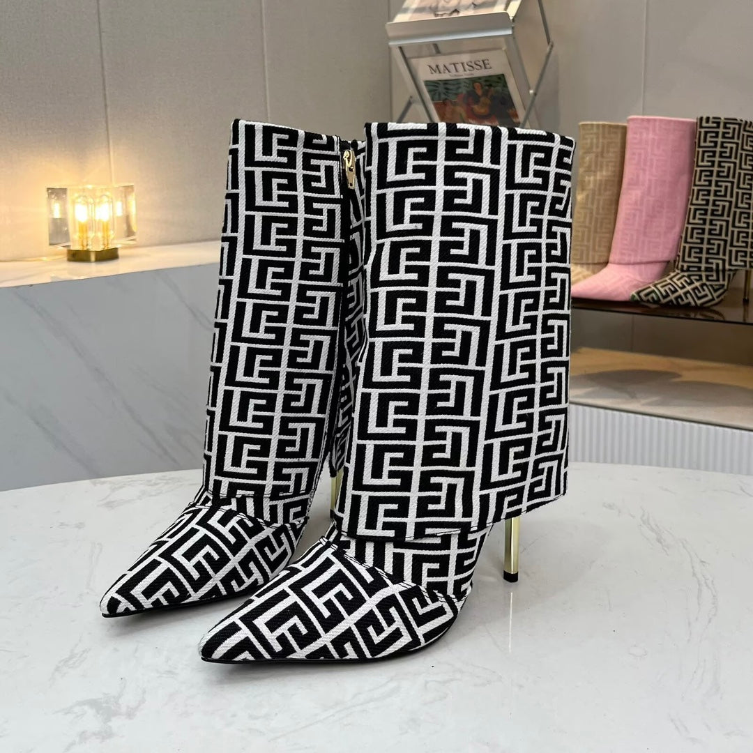 ЧЕРЕВИКИ BALMAIN 26S MONOGRAM НА ПІДБОРАХ 105 ММ З ЧОРНО-БІЛОГО ЖАКАРДОВОГО ПОЛОТНА