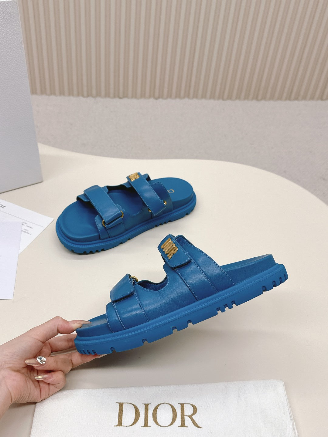 DIOR CLASSIC DOUBLE-STRAP SLIDES 25S IN OCEAN BLUE CALFSKIN - 35