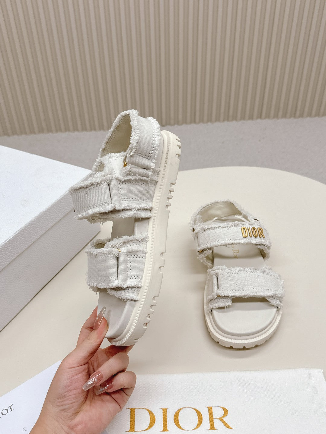DIOR BACK-STRAP SANDALS 25S IN WHITE DENIM AND CALFSKIN WITH GOLD HARDWARE - 35